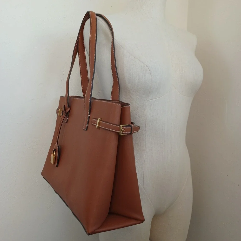 Mango MNG Brown Faux‎ Leather Tote Bag Gold Padlock Charm Work Satchel Chic